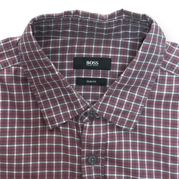 HUGO BOSS Plaid Button Up Shirt Windowpane Pattern Slim Fit Burgundy Red Large - Picture 2 of 9